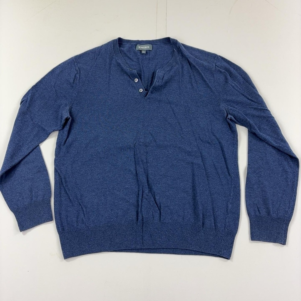 Bonobos Sweater Mens Large Blue Henley Slim Fit Long Sleeve Linen Cotton Blend
